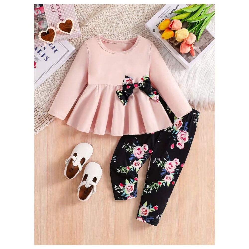 Blossom Chic Two-Piece Set – Pink & Black Top with Coordinating Floral Leggings
